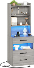 AOGLLATI Tall Nightstand with Charging Station and LED Lights, Night Stand with 3 Drawers and Storage Shelves, Bedside Table with Bookshelf, Modern End Side Table for Bedroom, Grey