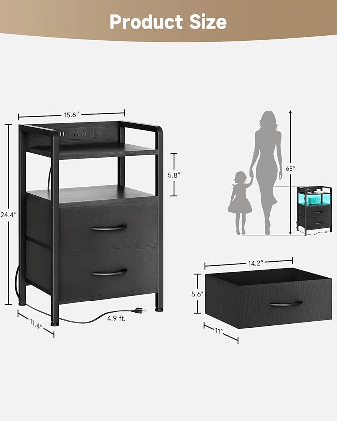 Night Stand Bedside Charger Bedroom - Nightstand with Charging Station & LED Light Strip, Night Stand with Storage Shelf & 2 Fabric Drawers, Morden End Table with U-S-B Ports & AC Outlets