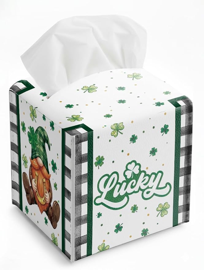 St.Patrick's Day Napkin Tissue Box Cover, Buffalo Plaid Shamrock Gnome Waterproof Leather Paper Organizer Dispenser for Table Dining, Bathroom, Nightstand Vanity, Car, Housewarming Gift Ideas, C