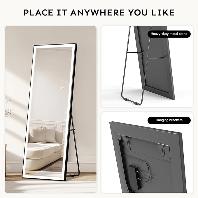 Kosmonia 65x24 Full Length Mirror, Dimmable 3 Color LED Light w/Light Memory, Distortion Free Silver Coating Mirror, HD Reflection &Anti Desilvering,Tempered Glass &Shatter Proof Film Doubles Safety