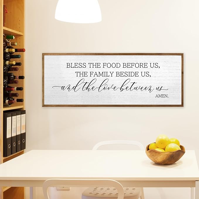 Christian Blessing Dining Room Wall Decor 40"×15" Bless The Food Before Us Sign Rustic Farmhouse Kitchen Religious Decor Large Catholic Horizontal Wooden Frame Wall Art Hanging (Wood)