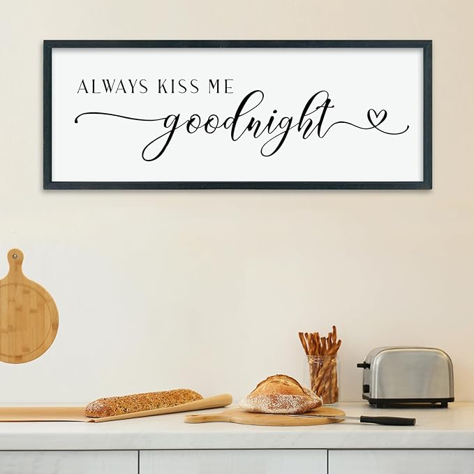 comurdyo Romantic Couple Always Kiss Me Goodnight Sign 40"×15" for Large Modern Rustic Love Theme Master Bedroom Above bed Wood Frame Horizontal Hanging Wall Art Decor (Black)
