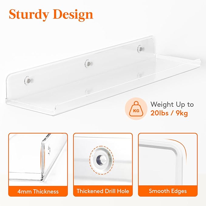 Lifewit Floating Shelves 8 Pack, 15" Acrylic Room Decor Shelves for Book/Figures/Photo/Makeup, Clear Display Shelf for Bathroom, Living Room, Bedroom, Kitchen Storage and Organization 38 x 9 cm/15x4