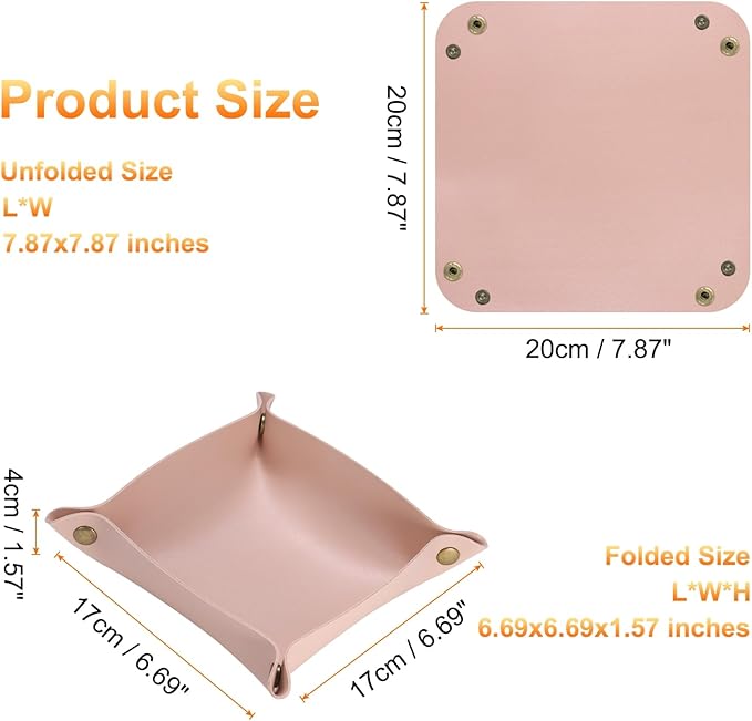HARFINGTON 2pcs PU Leather Valet Tray Unisex Folding Small Catchall Tray Portable Entryway Table Tray Nightstand Bedside Desk Tray for Key Wallet Watch Coin Jewelry Dice, Pink