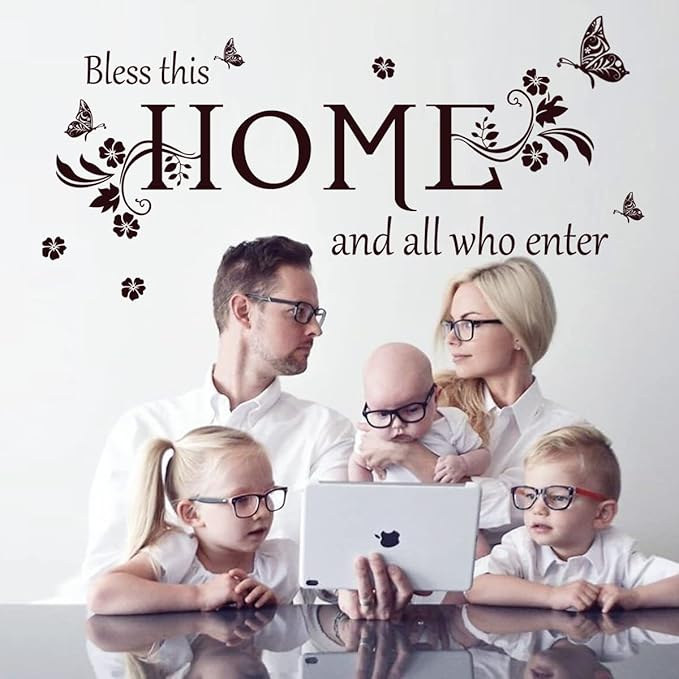 Wall Decals Wall Decor Sticker Quote Bless This Home and All who Enter Removable Mural Wall Stickers for Living Room Dining Room Bedroom Entryway Family Home Decoration (Brown)