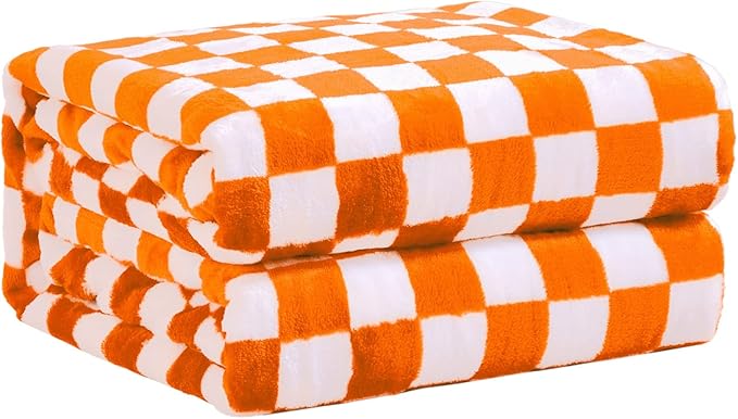 FY FIBER HOUSE Checkered Flannel Fleece Throw Blanket Soft Cozy Checkerboard Grid Print Chessboard Gingham Pattern Blankets for Bed Couch Sofa, 50"x60", Orange