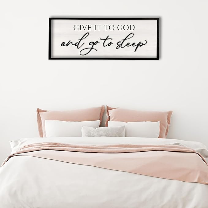 Give it to God and Go to Sleep Sign Wall Decor Wood Frame 32" X 12" Master Bedroom Above Bed Large Minimalistic Rustic Farmhouse Hanging Over Bed Wall Art Guest Room Decoration (Black)