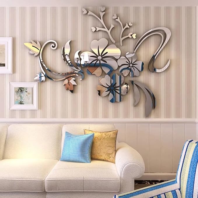 Wall Stickers 3D Flower Mirror - Family Decal Living Room Wall Decor Sticker Home Decorations Room Decor for Office Sofa Bedroom Decals (Silvery L:59 * 78in)