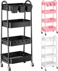 Black 4 Tier Rolling Cart Metal with Lockable Wheels, Four Tiered Tall Storage Rolling Cart on Wheels, Heavy Duty Utility Organizer Carts for Laundry, Kitchen, Dorm, Craft, Art, Snack,Mesh Basket,38in