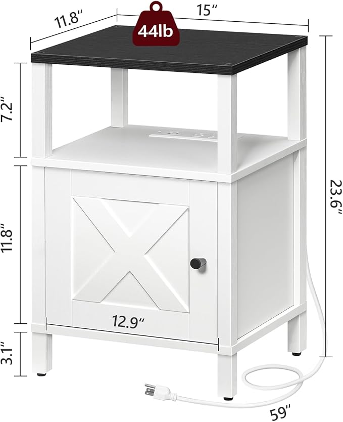 Set of 2 Farmhouse Nightstand with Charging Station, White Bedside Table with USB&Type-C Ports and Outlets, End Table with Storage, Night Stand for Bedroom, White and Black ETBW96E01S2
