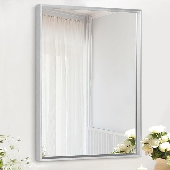 AAZZKANG Metal Frame Mirror Rectangle Wall Mounted Mirrors Decorative Modern for Bedroom Bathroom Living Room Vertical or Horizontal Silver 20"x16"