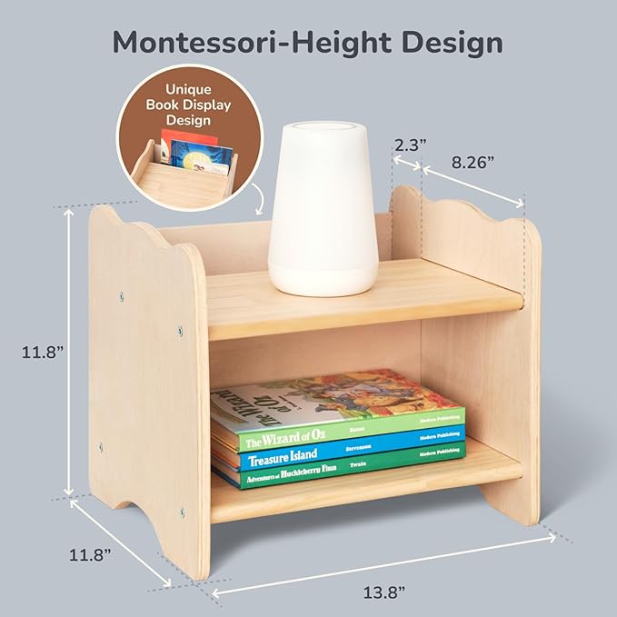 Ocodile Kids Nightstand for Floor Beds, Solid Wood Small Bedside Table with Book Pocket, Low Tiny Nightstand for Nursery, Toddler & Kids Room, Montessori Style Side Table - Varnished