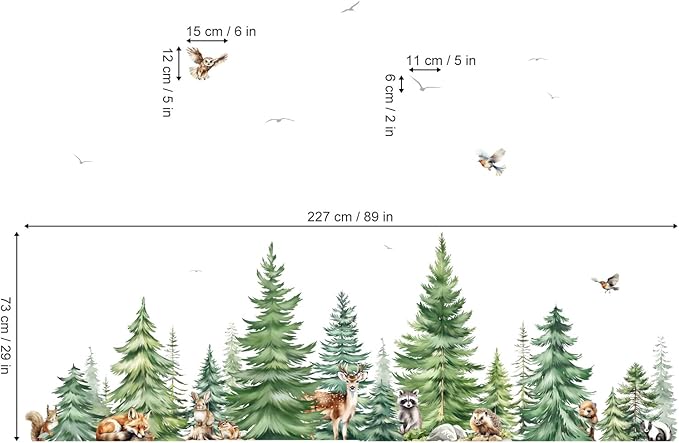 decalmile Large Watercolor Pine Tree Animals Wall Stickers Woodland Forest Tree Fox Deer Bear Wall Decals Baby Nursery Bedroom Living Room Wall Decor