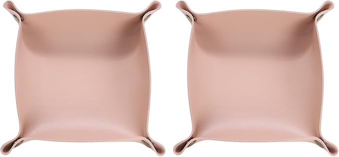 HARFINGTON 2pcs PU Leather Valet Tray Unisex Folding Small Catchall Tray Portable Entryway Table Tray Nightstand Bedside Desk Tray for Key Wallet Watch Coin Jewelry Dice, Pink