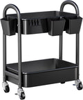 2 Tier Rolling Cart Metal on Wheels, Two Tiered Short Storage Side Table with Wheels, Heavy Duty Under Desk Mobile Trolley, Small Utility Organizer Carts for Craft, Art, Office, Kitchen, Black Basket