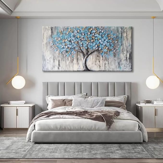 Tree of Life Canvas Wall Art - Abstract Light Blue Artwork for Living Room Bedroom Decor, Modern Framed Tree Painting Ready to Hang, Contemporary Home Wall Decoration 147x73cm (58x28in)