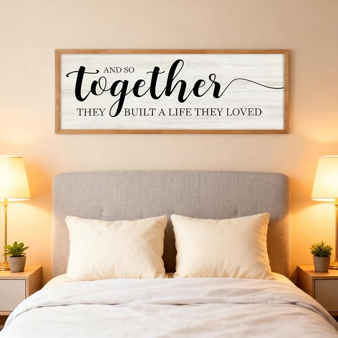 And So Together They Built A Life They Loved Decorative Rustic Sign & Plaque Framed Wall Art for Couples, 40''×15'' Vintage Wooden Horizontal Wall Decor Above Bed, Farmhouse Wedding Gift
