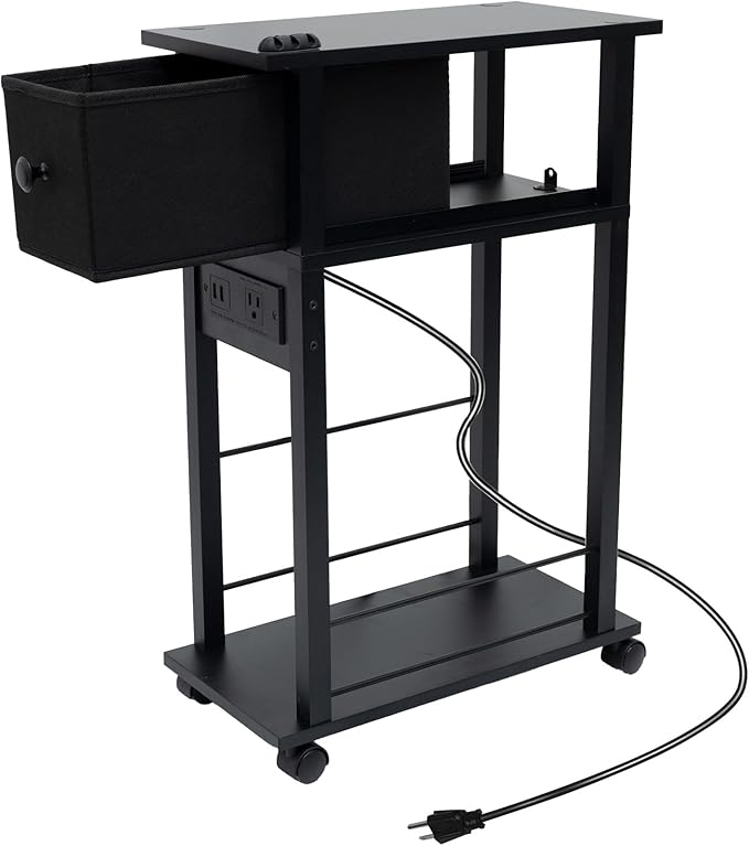 Narrow Side Table (1PC) - Black End Table with Overload Protection, Charging Station Drawer & 4 Wheels, Mobile Storage Nightstand for Bedroom Studio Apartment (1 AC + 2 USB Ports)