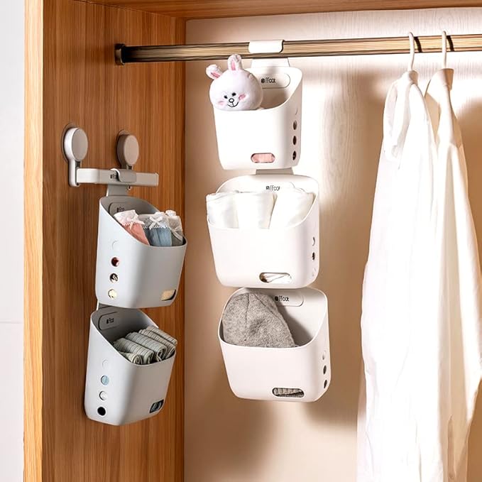 LeleCAT Plastic Hanging Basket Kitchen Storage organizer, Basket with Detachable hook, Hang it behind a door or on a railing, Over the Cabinet Door (Grey, Large-2 Pack)