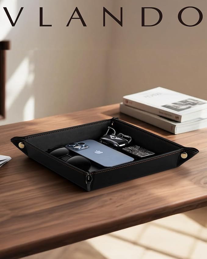 VLANDO Entryway Organizer Tray – Minimalist PU Leather Valet Tray for Keys, Wallet & Phone, Desk or Nightstand Catchall, Elegant Home Decor Gift for Men, Black