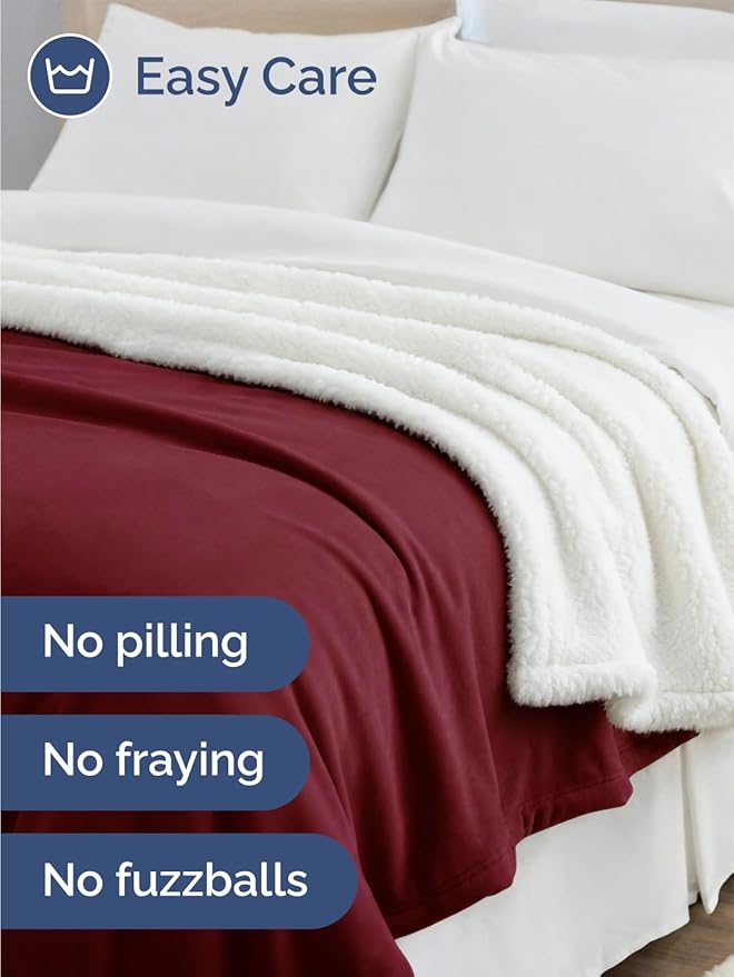 Sherpa Fleece Blanket Throw Size - Reversible Sherpa Fleece Throw Blanket - Super Soft Double Sided for Bed, Sofa, Couch - Thick, Warm, & Plush - Luxurious Bedding for Winter - Burgundy, 50" x 60"