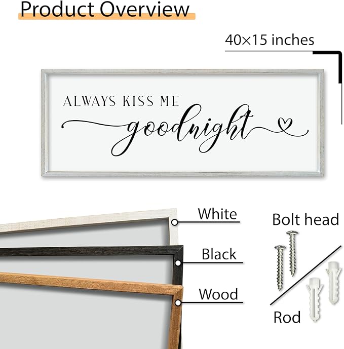 comurdyo Romantic Couple Always Kiss Me Goodnight Sign 40"×15" for Large Modern Rustic Love Theme Master Bedroom Above bed Wood Frame Horizontal Hanging Wall Art Decor (White)