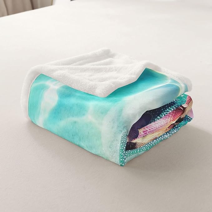 Erosebridal Ocean Beach Fleece Blanket - Starfish Conch Shell Throw Teal Calm Sea Coastal Sherpa for Kids Girls Women - Hawaiian Beach Holiday Fuzzy Throw 50"x60" Purple Yellow