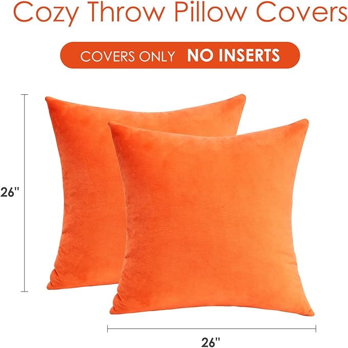 Fall Orange Throw Pillow Covers Decorative Velvet Set of 2 26x26 Inch Pillow Covers, Soft Burnt Orange Pillowcases for Couch Sofa Bed Living Room, Farmhouse Boho Decor, Accent Cushion Covers