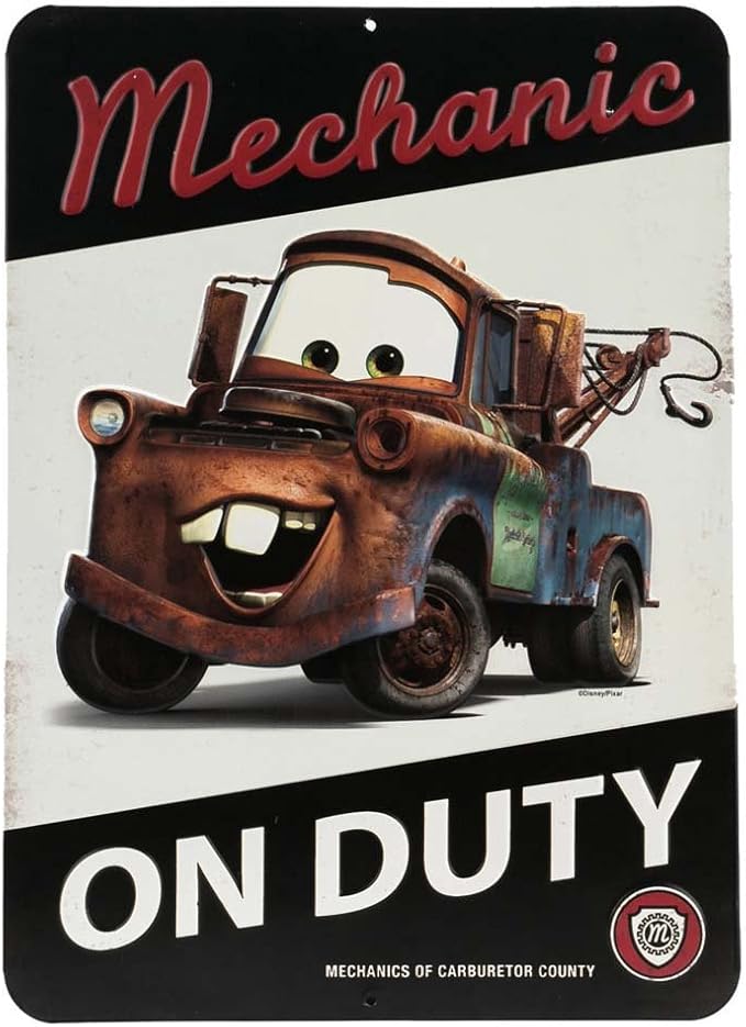 Disney Pixar Cars Tow Mater Mechanic On Duty Embossed Metal Sign - Vintage Tow Mater Sign for Bedroom or Garage