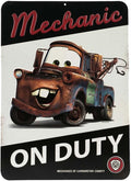 Disney Pixar Cars Tow Mater Mechanic On Duty Embossed Metal Sign - Vintage Tow Mater Sign for Bedroom or Garage