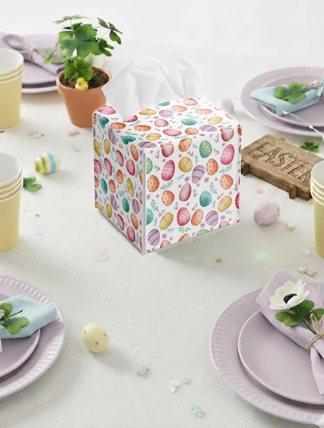 Easter Day Napkin Tissue Box Cover, Floral Eggs Waterproof Leather Paper Organizer Dispenser for Table Dining, Bathroom, Nightstand Vanity, Car, Housewarming Gift Ideas, J