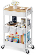 3 Tier Rolling Cart with Wood Table Top, White Bedside Cart on Lockable Wheels, Metal Utility Storage Organizer Carts for Kitchen, Art, Craft, Nail, Salon, Lash, Nursery, Bathroom, Baby Diaper Caddy
