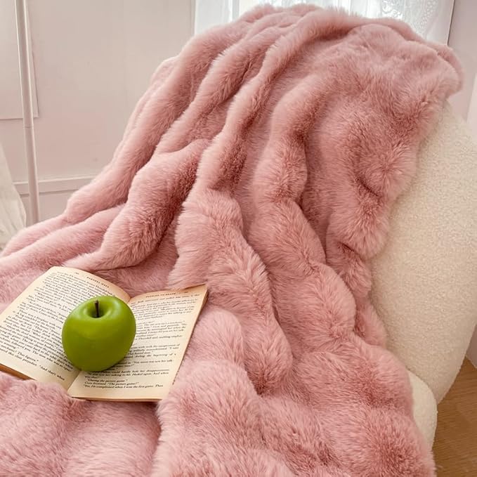 H&D Faux Fur Throw Blanket for Couch,Fluffy Cozy Soft Plush Luxury Thick Fuzzy Fleece Blanket for Couch Bed Sofa Bedroom Living Room,Comfy Bubble Blanket(Rose, Throw (50" x 60"))