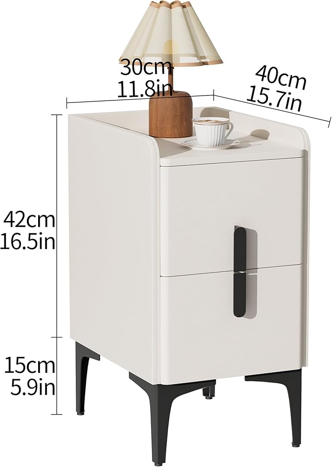 VICITON Narrow Nightstand with 2 Drawers, Narrow Side Table Leather Surface, Slim Bedside Table for Bedrooms, Dormitories, Living Rooms (Cream White, 15.7" D x 11.8" W x 22.4" H)