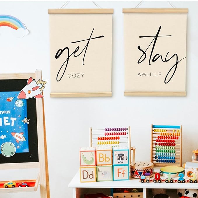 PLKMN Cozy Room Wall Art Decor Set of 2, Stay Awhile Signs for Home Decor, Above Bed Wall Decor, Cozy Bedroom Decor, Cozy Room Posters Framed with Wood Hanger, 12x16 Inch