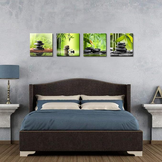 Bamdeya Bathroom Wall Decor Zen Canvas Prints Meditation Picture Painting Green Room Decor Bedroom Wall Art Living Room Yoga Spa Office Artwork Posters Prints Framed Home Decorations12x12x4pcs