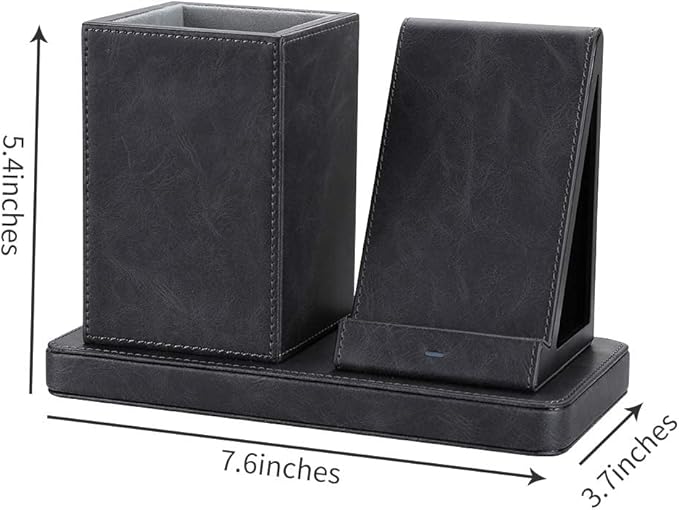 KINGFOM PU Leather Desk Organizer Pen Pencil Holder with Wireless Charger Stand, 10W Fast Wireless-Charging for iPhone 11, 11 Pro, 11 Pro Max, XR, Xs Max, XS, X, 8, 8 Plus(Gray)