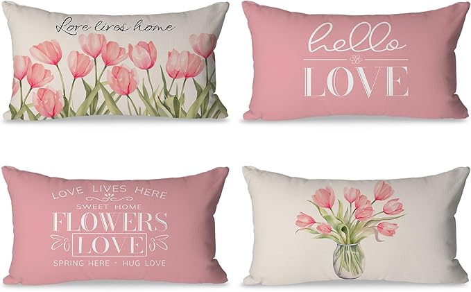 Pillow Covers 12x20 Inch Set of 4 Tulip Home Sweet Home Pink Throw Pillows Decorative Pillow Cases Hello Summer Spring Seasonal Farmhouse Decorations for Sofa Couch