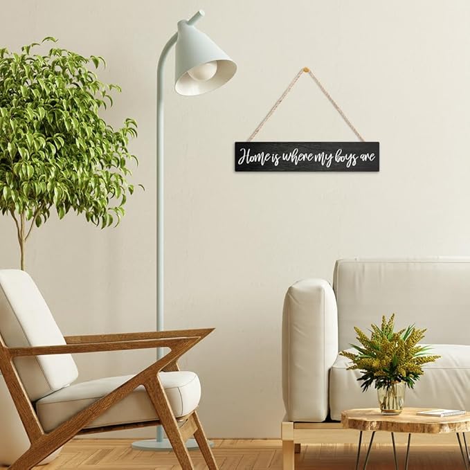 AGMDESIGN Home Is Where My Boys Are Wood Sign, Farmhouse Bedroom Kitchen Living Room Hanging Wooden Plaque for Moms with Sons, Rustic Home Wall Decor for Shelf Door, Great Gifts for Mothers of Boys