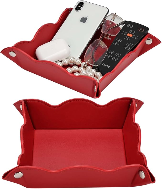 Valet Tray for Men Women 2 Pack - PU Leather Travel Catchall Tray Organizer - Desk Bedside Nightstand Storage Box for Jewelry Key Phone Remote Controller Wallet Watch Glasses Readers -Red