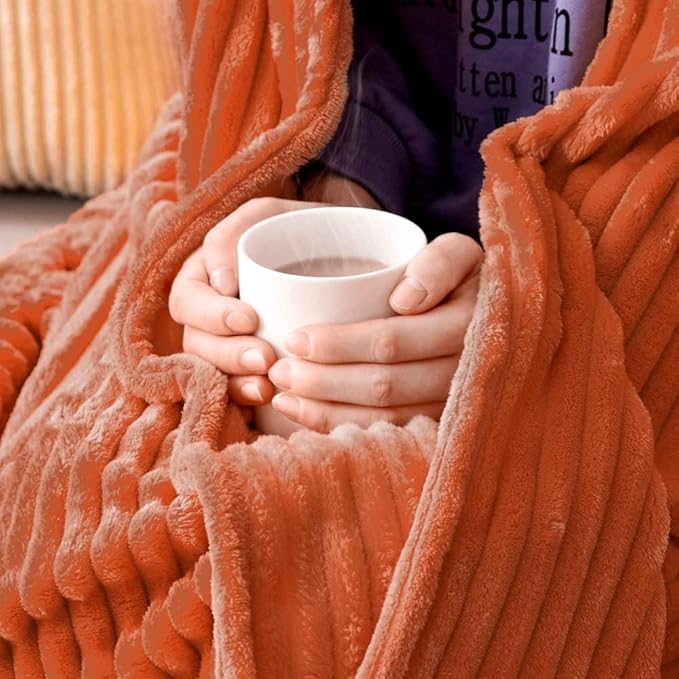 MIULEE Burnt Orange Throw Blanket 3D Ribbed Jacquard Fleece Flannel Velvet Plush Decorative Bed Blanket (Throw, 50" x 70") - Super Soft, Lightweight, Warm and Cozy for Couch Sofa
