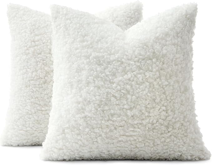 MIULEE Pack of 2 Throw Pillow Covers 18x18 Inch Neutral Pure White Faux Fur Decorative Sherpa Pillow Covers Fuzzy Accent Soft Sheepskin Fleece Cushion Cases for Boho Home Decor Couch Living Room Bed