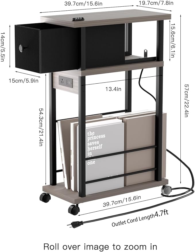Narrow Side Table (1PC) - Grey & Black Two-Tone End Table with Charging Station Drawer & 4 Wheels, Personalized Mobile Storage Nightstand for Bedroom Living Room (1 AC + 2 USB Ports)