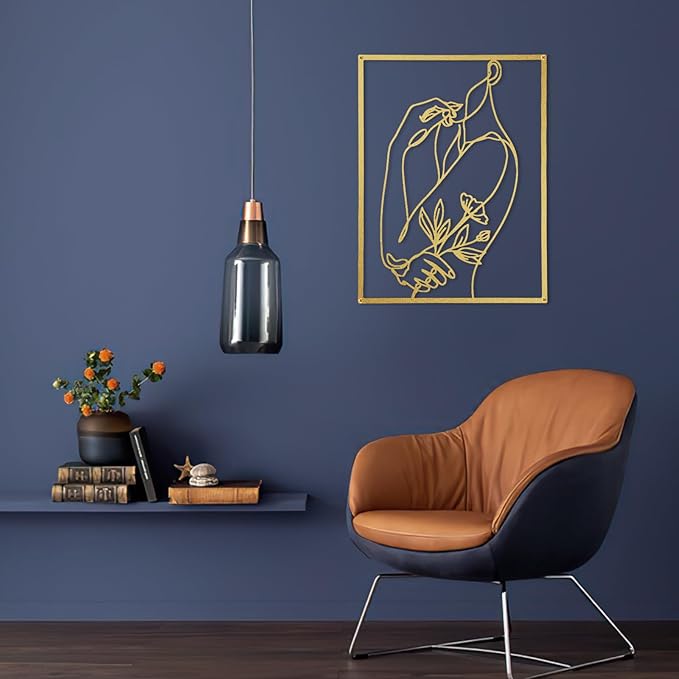 GOKURVG Wall Art Over Bed Wall Decor 3Pcs Metal Wall Art Above the Bed Wall Decor Minimalist Single Line Art Flower Woman Wall Art Gold Room Decor for Bedroom Modern Wall Art for Indoor 16.5x12.5in