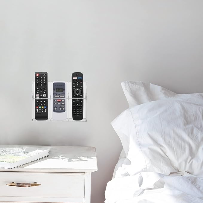 HBlife Acrylic Remote Holder Organizer, Clear TV Remote Control Wall Mount Caddy for Bedside, Media Organizer Storage Box with 3 Compartments