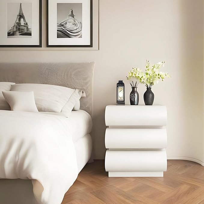 Modern Nightstand with Storage, Small End Table with Upholstered Leather Finish, 3 Solid Wood Drawers for Bedroom Bedside and Living Room