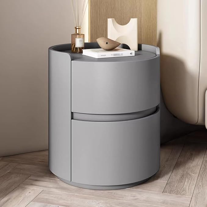 Wooden Nightstand Table with Drawer, Leather Bedside Storage for Bedroom and Living Room, Modern Round Design
