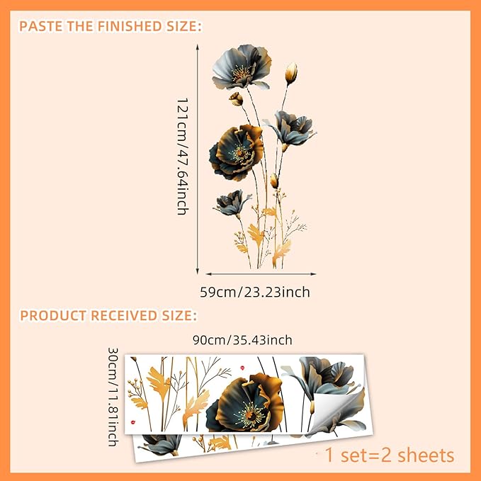 TUOKING Black Gold Flowers Wall Stickers Decor Removable Wall Murals Peel and Stick Wall Art Decal Home Decor for Kitchen,Bedroom,Living Room(MS3241)