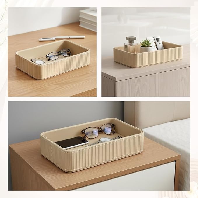 Desk Organizer Tray,PU Leather Valet Tray Modern Nightstand Organizer,Decorative Vanity Trays for Key Watch Wallet Perfume,Keeps Things Organized,Bedside Desktop Storage