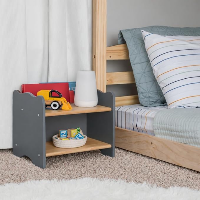 Ocodile Kids Nightstand for Floor Beds, Solid Wood Small Bedside Table with Book Pocket, Low Tiny Nightstand for Nursery, Toddler & Kids Room, Montessori Style Side Table - Gray